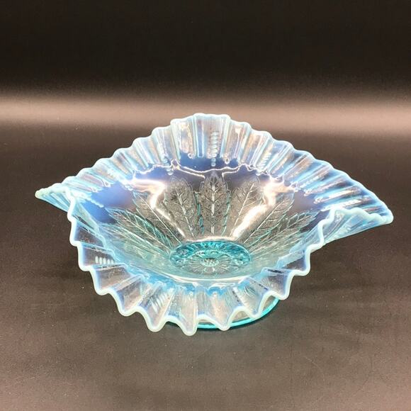 Vintage Ruffled Crimped Edge Blue Opalescent Compote Dome Footed Bowl 1930s-40s - Picture 1 of 9